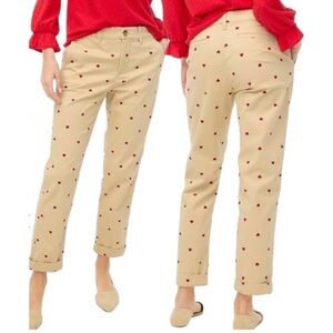 J. CREW High-rise girlfriend chino pant khaki red hearts Valentine NEW Tags 8
